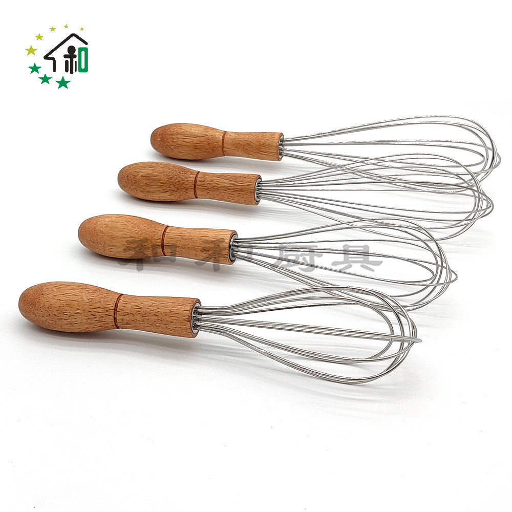 Wholesale Bold Kitchen Creative Stainless steel wooden handle whisk Household cream butter and flour hand-held mixer Item Picture