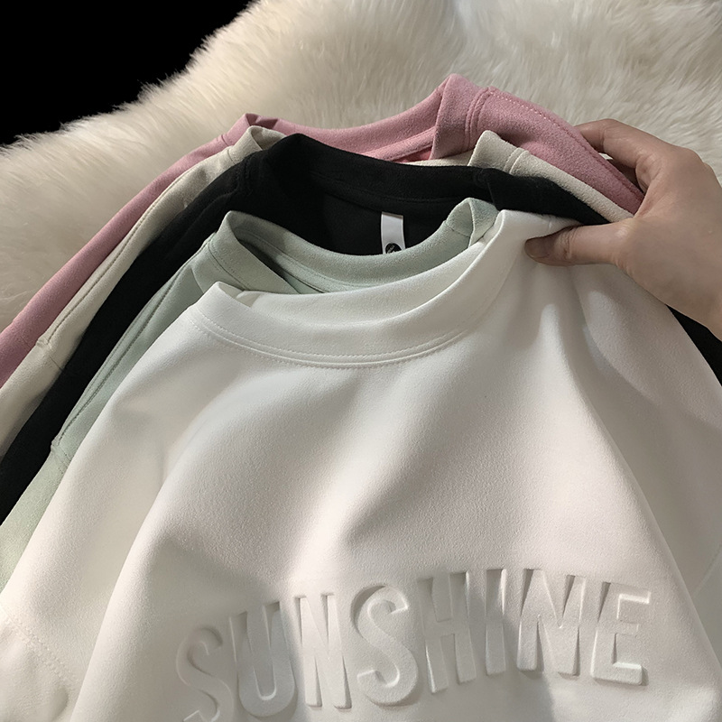 A new bestseller for spring and summer: American minimalist steel print three-dimensional letter printed suede fleece round neck half-sleeve T-shirt details Picture
