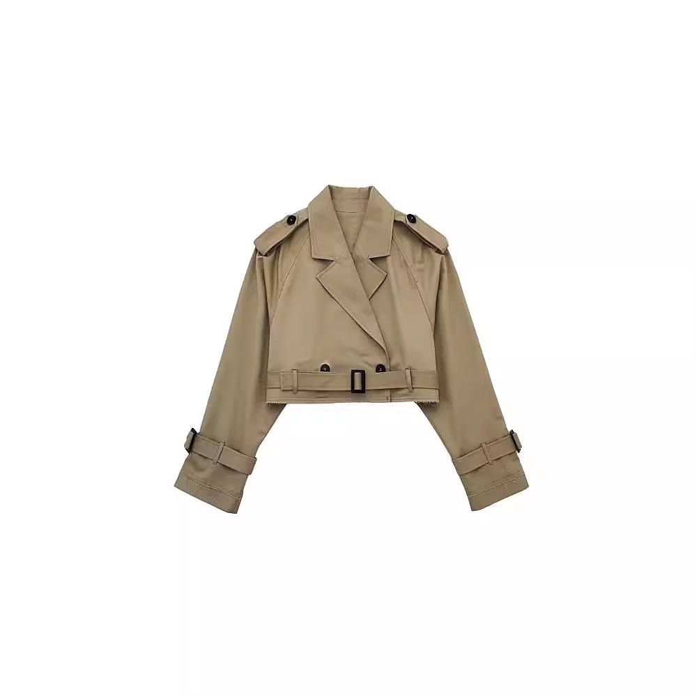 Spot women's wholesale cross-border spring and autumn women's coat European and American style with belt long sleeve short casual trench coat women Specification drawing