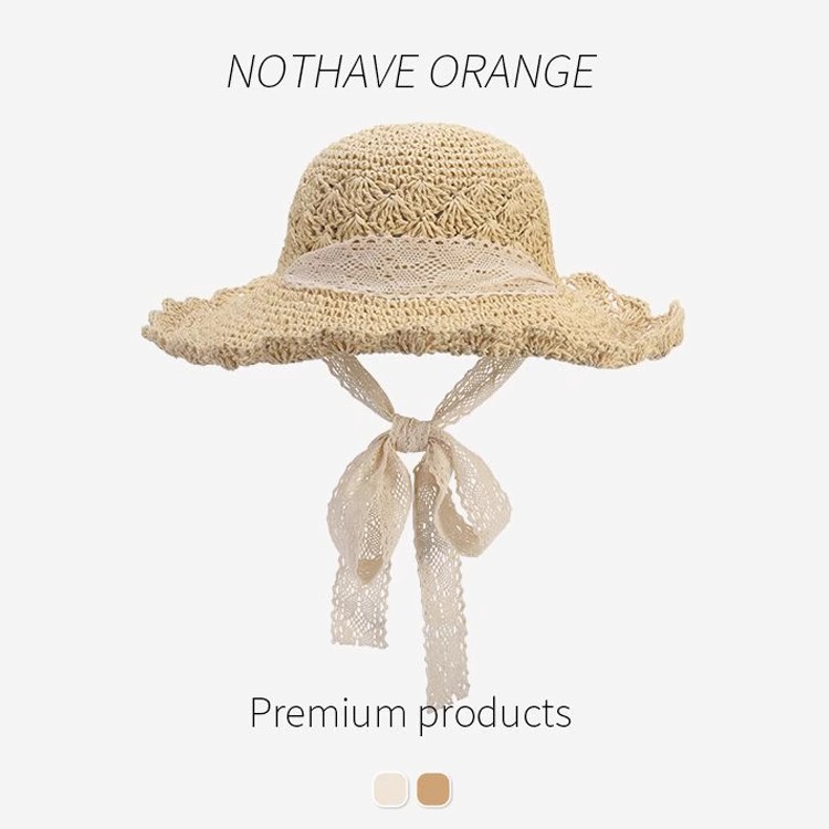Japanese Summer Beach Hat Lace Straw Hat Women's Small Fresh Sunblock Hat Shade Travel Holiday Foldable Sun Hat