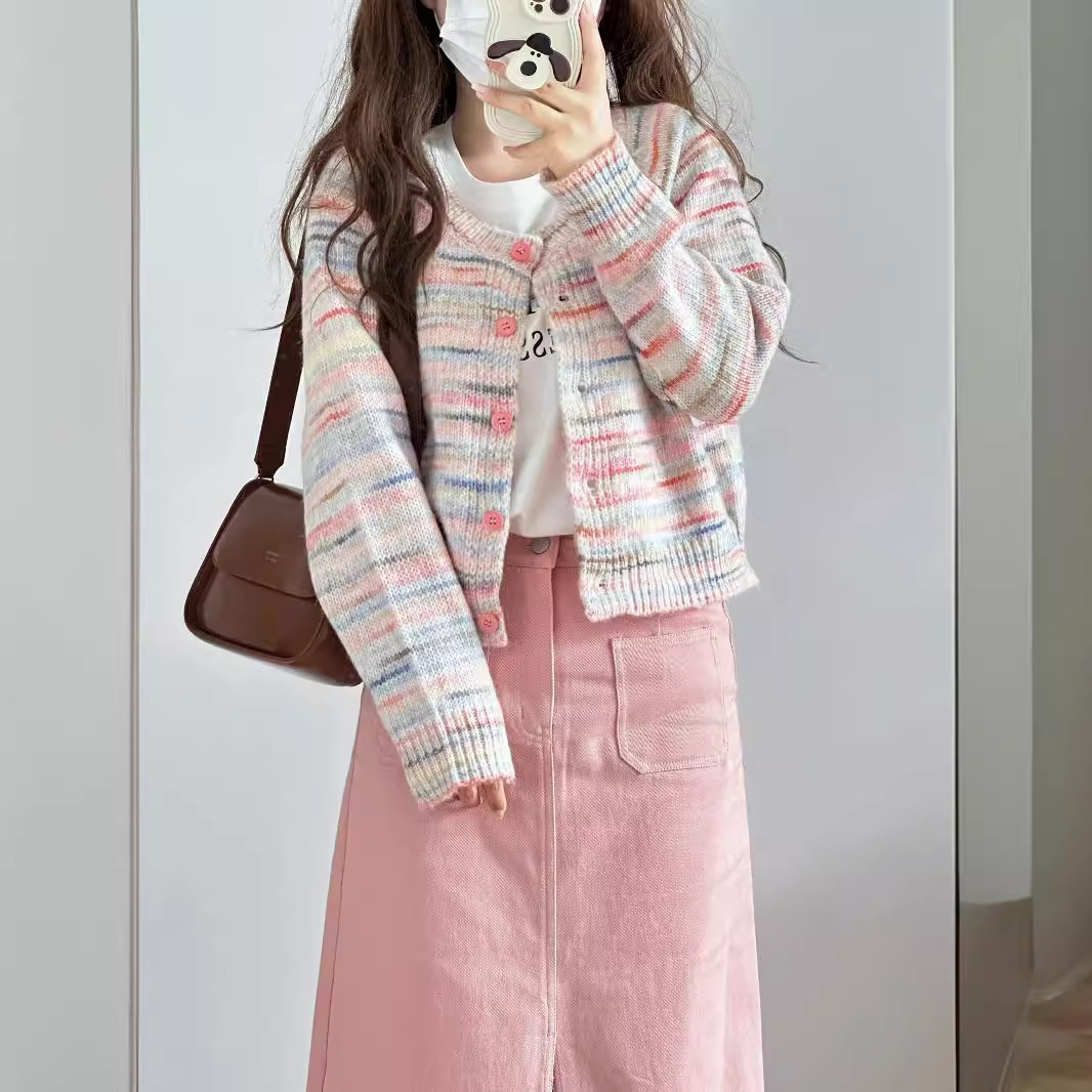Pink striped knitted cardigan sweater for women's early autumn and winter 2024 new retro Japanese style laid-back coat top