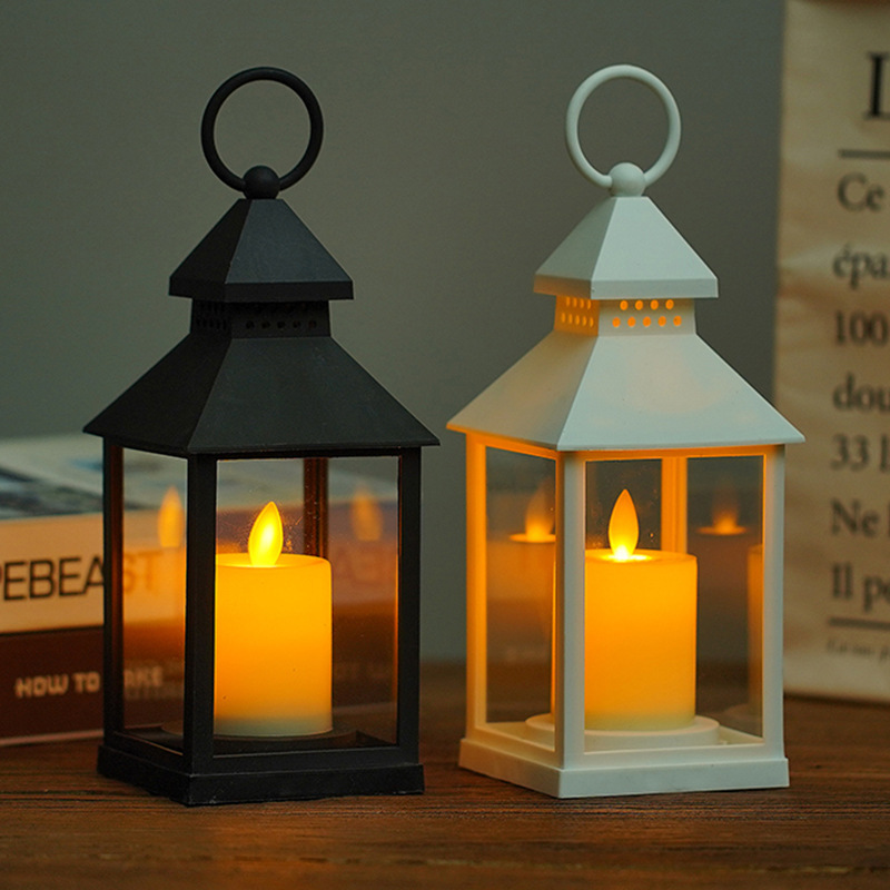 创意风灯小提灯电子蜡烛灯烛台复古方形仿真蜡烛圣诞节蜡烛摆件跨