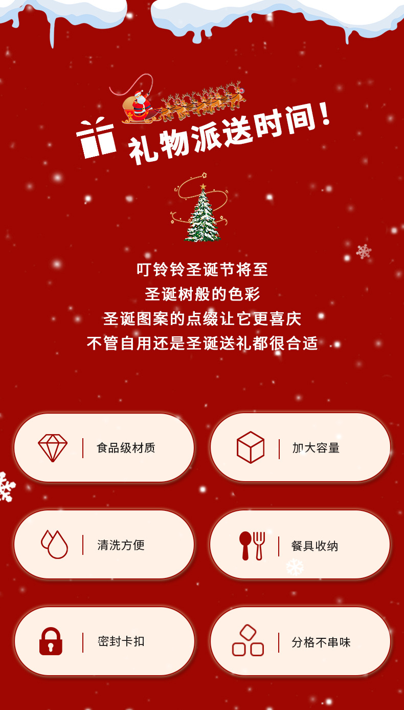 圣诞饭盒塑料午餐盒食品级可微波加热便当盒学生密封分格便当盒详情2