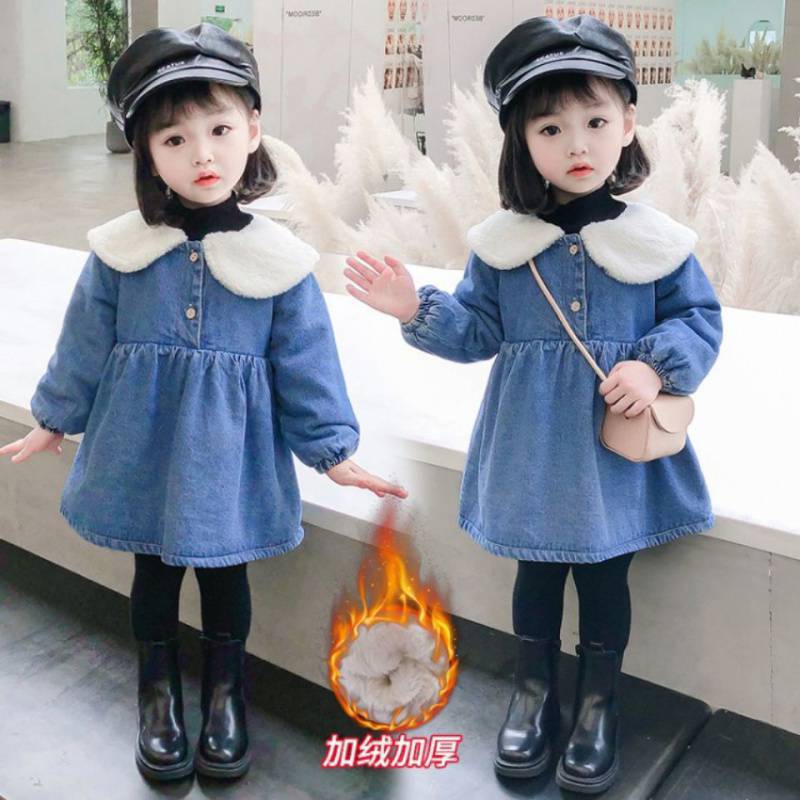 Girls' fleece denim dress for autumn and winter, a stylish princess dress for children aged 1-5 details Picture
