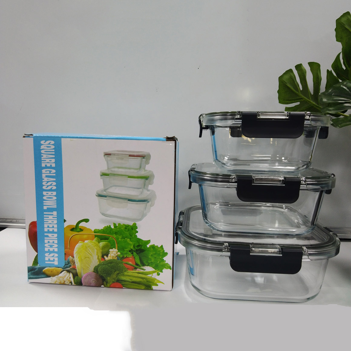 Square Glass Crisper Round Low Borosilicate Lunch Box Folding Buckle Cover Lunch Box 3 Sets Wholesale Rs-201880 Specification drawing