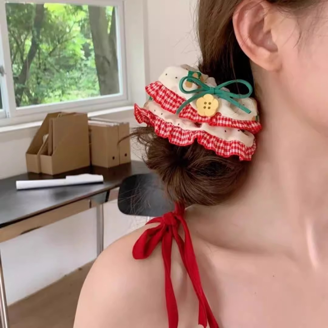 Cute little bear rabbit checkered lace trim large intestine hair band, girlish heart bow, fabric hair tie, leather band hair tie details Picture