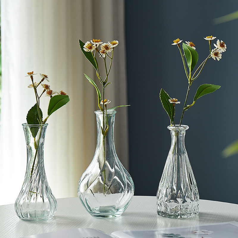 French Vintage Small Vase Embossed Glass High Appearance Level Sensen-Style Vase Transparent Hydroponic Flower Arrangement Living Room Decoration Vase Specification drawing