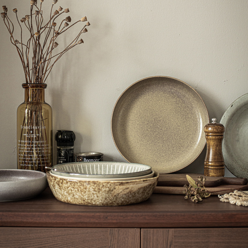 High-quality appearance level deep plate, round, cheap bowl, retro ceramic vegetable bowl, household plate, tableware, bowl and dish wholesale, export tail order details Picture