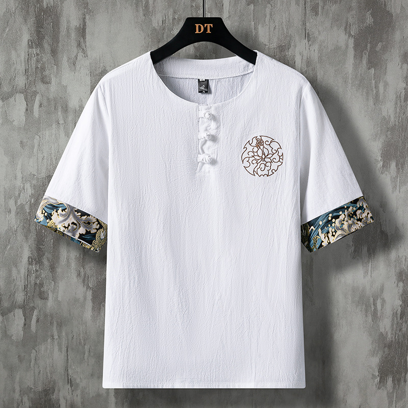 国潮棉麻短袖T恤男士大码中国风唐装半袖中式盘扣男装t恤古风汉服禅服