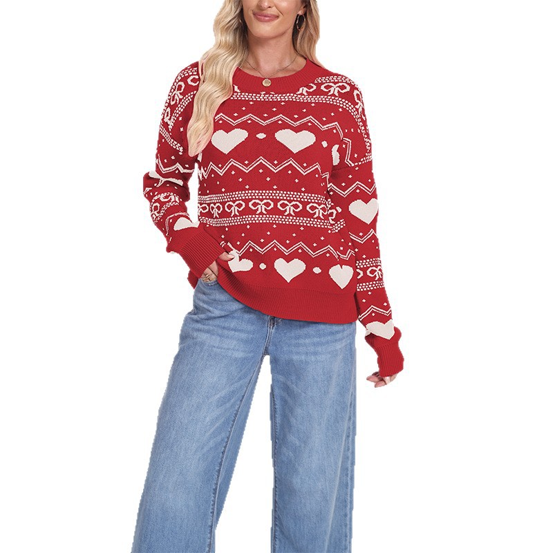 The new winter collection of European and American cross-border women's clothing in 2025, featuring heart-shaped sweaters, pullovers, large-sized Christmas casual jacquard knitted sweaters, is in vogue Item Picture