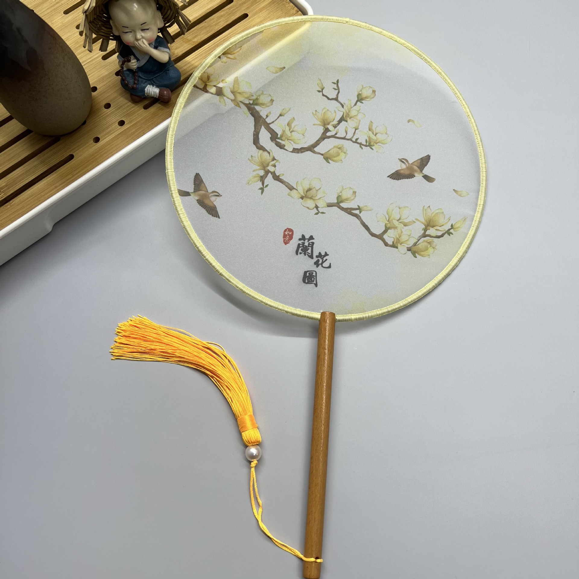 Semi-transparent thousand-mile landscape painting round fan, Children's Day dance fan, ancient-style fan wholesale, Hanfu cheongsam, Chinese-style round fan details Picture