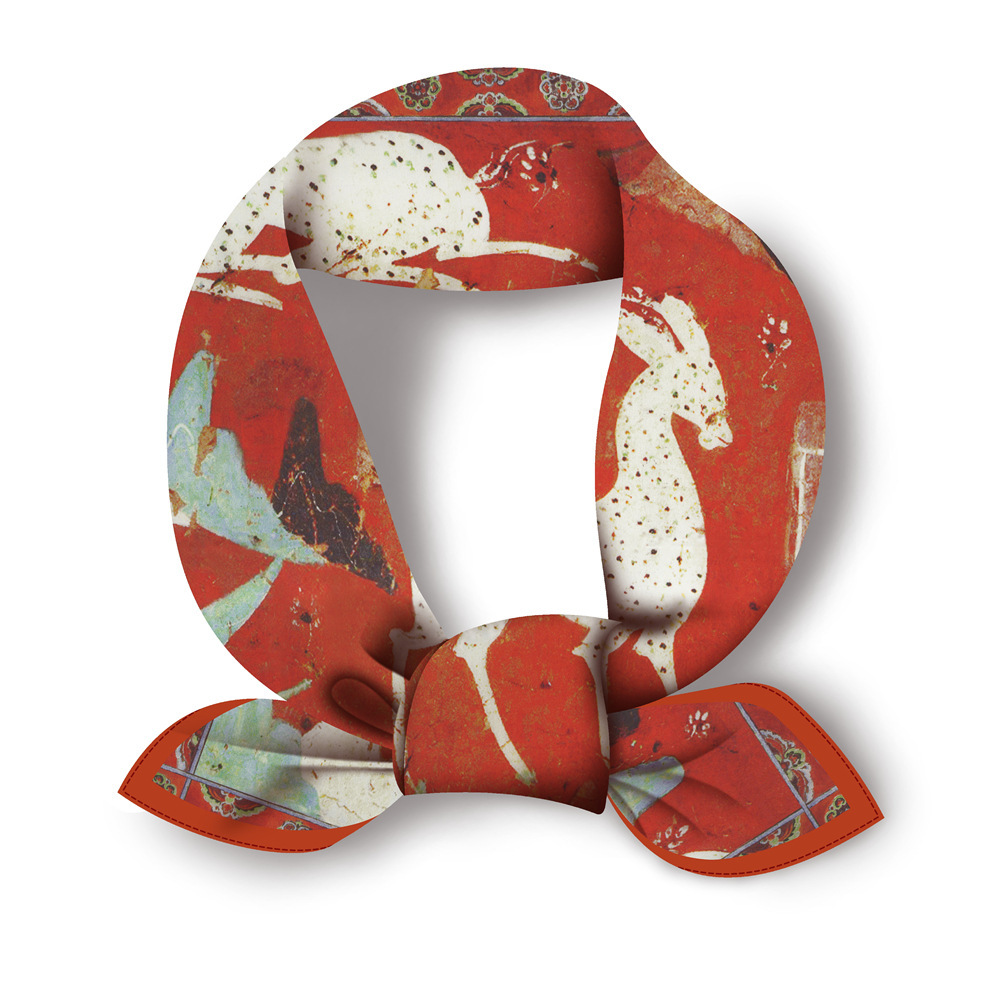 Spring Chinese trend silk scarf, Chinese style Dunhuang Nine-Colored Deer, new fashion men's and women's small square scarf, 53cm scarf Item Picture