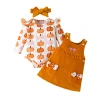 A three-piece set of foreign trade girls' dress, headscarf, sweet and cute three-dimensional bow, pumpkin shoulder strap and flying sleeves Item Picture