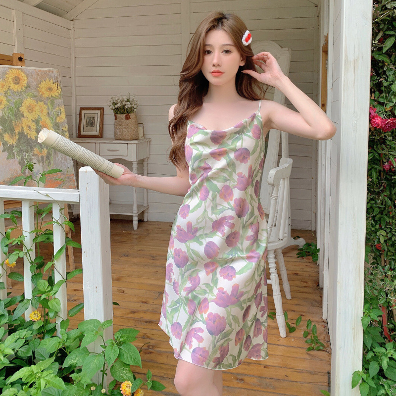 New pajama women's summer romantic floral swing neck halter thin dress Pure desire Flower series sleeping dress details Picture