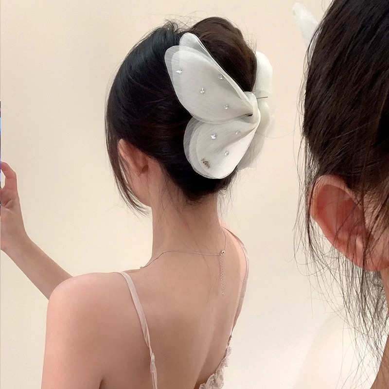 法式超仙薄纱蝴蝶闪钻抓夹女发饰气质发夹盘发鲨鱼夹头饰大号发饰