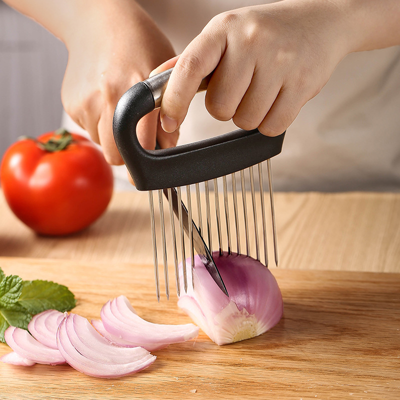Acero inoxidable cebolla slicer guardamanos rebanadas ternera fruta verduras cebolla agujas herramientas de cocina details Picture