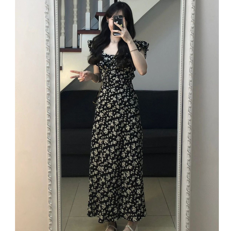 Women's 2024 summer French tea break black floral halter with small flying sleeves long dress, fashionable and elegant outerwear dress
