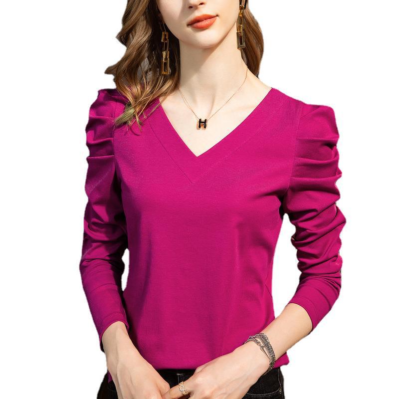 V-neck white T-shirt women's long-sleeved 2022 autumn collection new women's cotton T-shirt Loose French puffed sleeve top consignment Item Picture