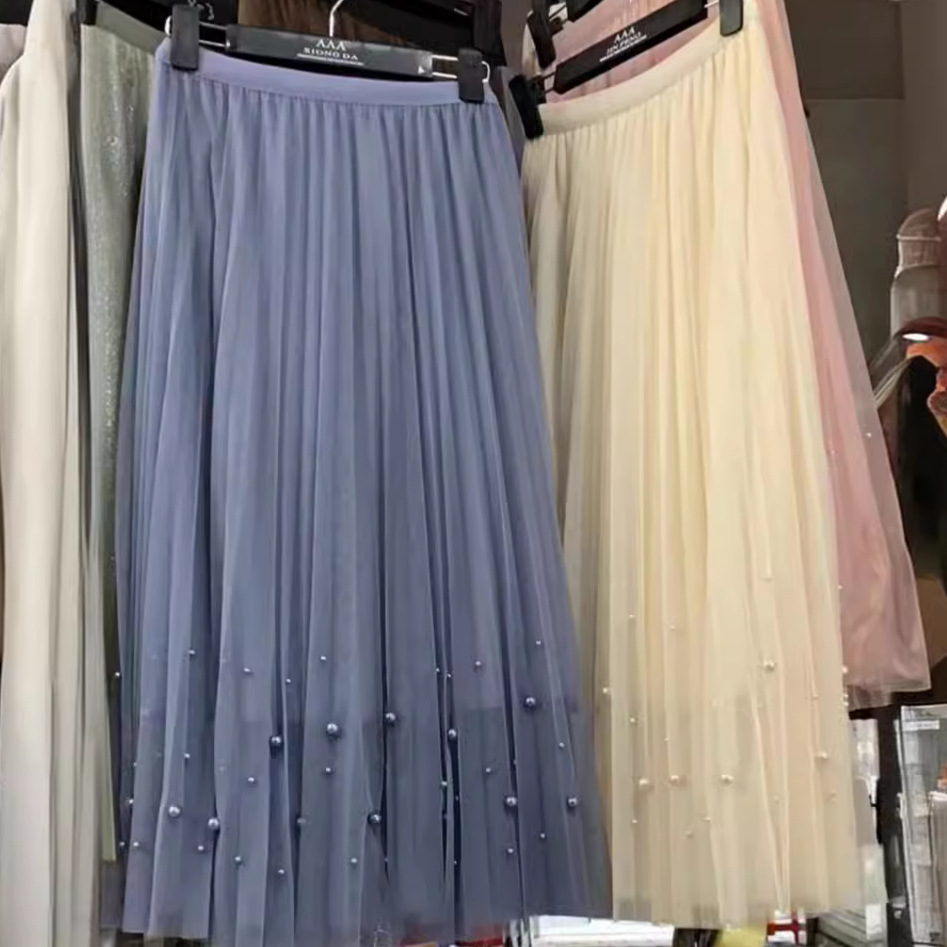 Heavy industry beaded mesh chiffon skirt, new autumn and winter high-waisted half skirt, fairy-like pleated skirt, mid-length A-line skirt Application Scenario