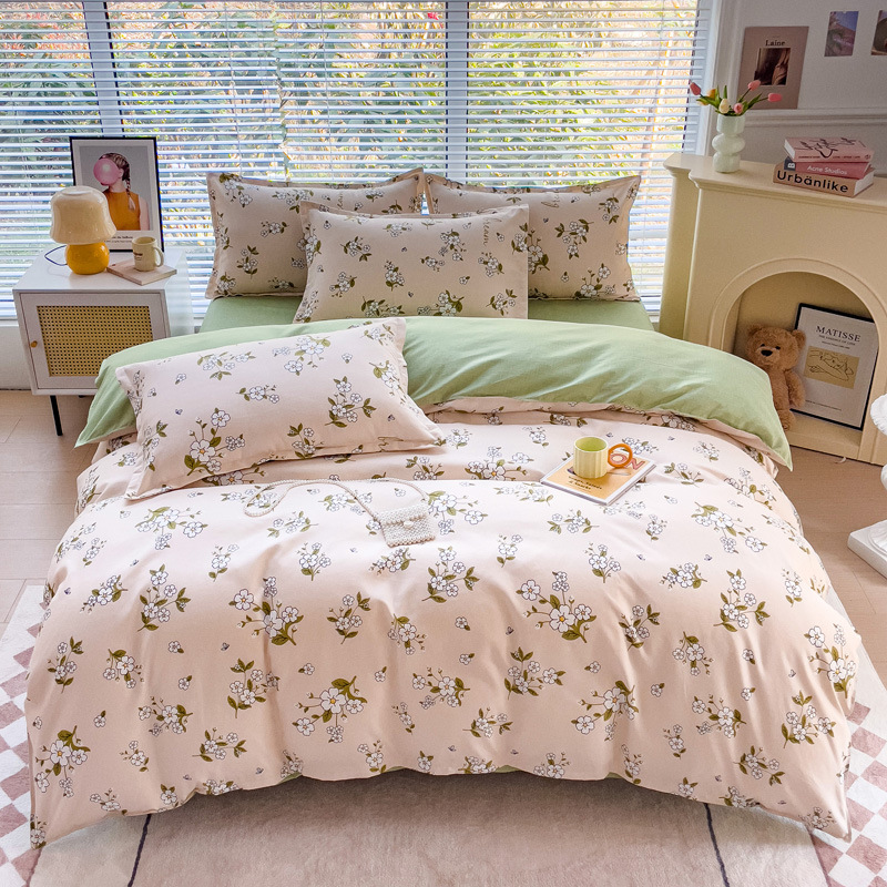 Fresh and clean four-piece set, all-cotton, pure cotton thickened brushed bed cover, bed sheet and quilt cover. Three-piece set for dormitory bedding details Picture