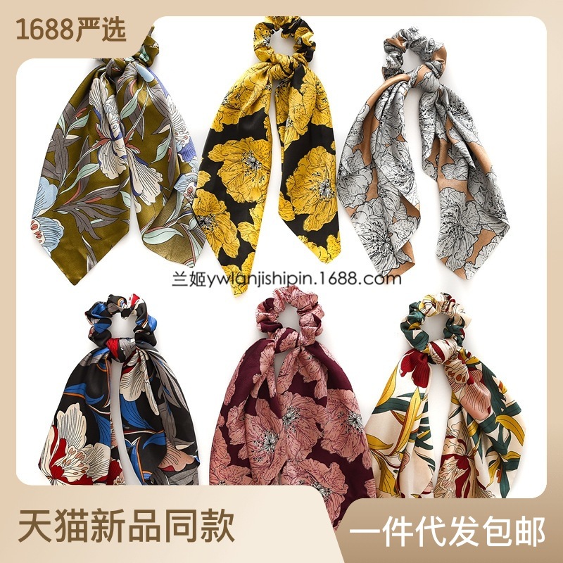 New 2-in-1 retro ribbon large intestine hair band, women's silk hair tie, bow hair accessory with flower pattern from Europe and America