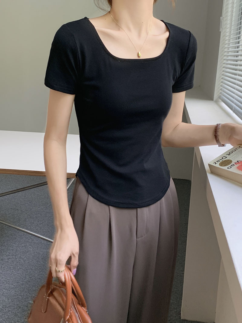 260g甄选纯棉T恤女夏短袖2026新款不规则弧形修身显瘦U领打底上衣详情7