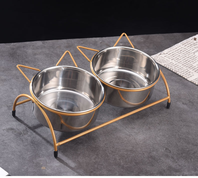High-quality stainless steel pet bowl with iron stand to prevent knocking. Double bowl for cats, suitable for both eating and drinking. Dog food bowl