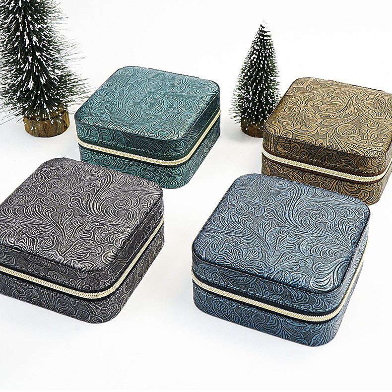 跨境首饰盒凤尾纹双层带镜子耳环耳钉项链手首饰盒高级小巧便携