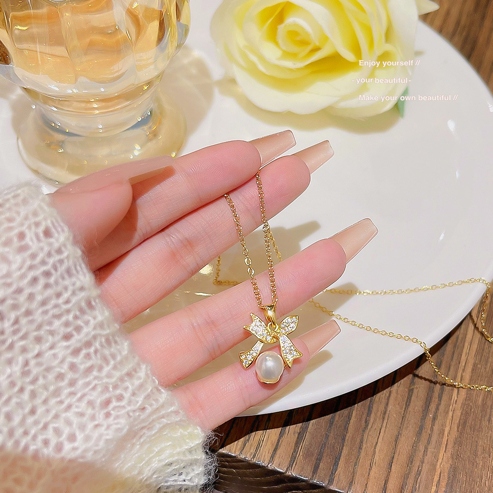 Temperament Bow Pearl Necklace Women All Match High-Grade Niche Design Network Red Accessories 2024 New Collarbone Chain details Picture