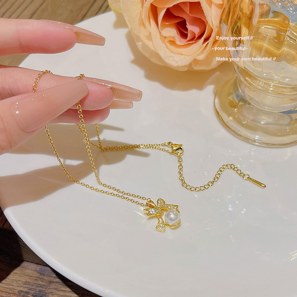 Temperament Bow Pearl Necklace Women All Match High-Grade Niche Design Network Red Accessories 2024 New Collarbone Chain Specification drawing