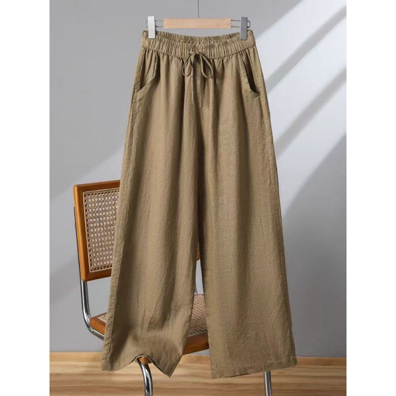 Retro cotton and linen 2025 new style 9-inch pants, wide-leg pants, women's summer new style casual pants, loose casual straight-leg pants