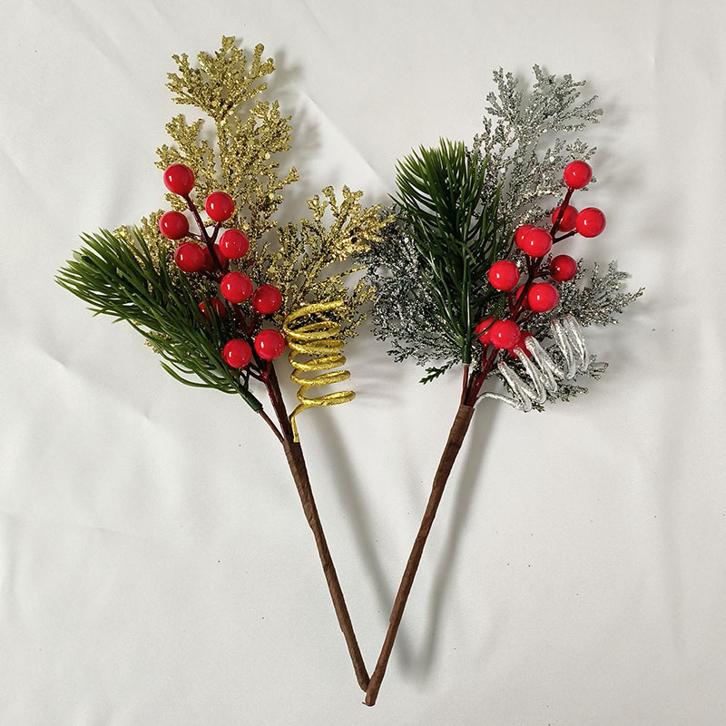 Christmas Decorations Gold Powder Leaf Berries Decorated Tree Branches Christmas Tree Plug-In Atmosphere Supplies Simulated Tree Branches Berry Branches details Picture