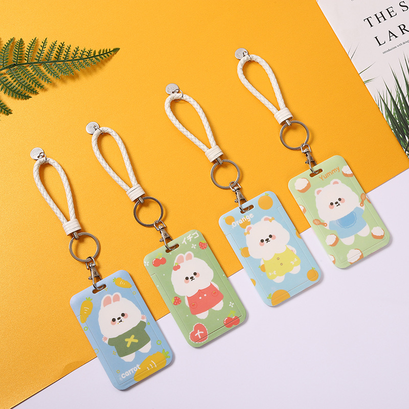 Cartoon rabbit student card holder, cute bear lanyard, sliding cover, bus card, keychain, ID card, wholesale work name tag details Picture