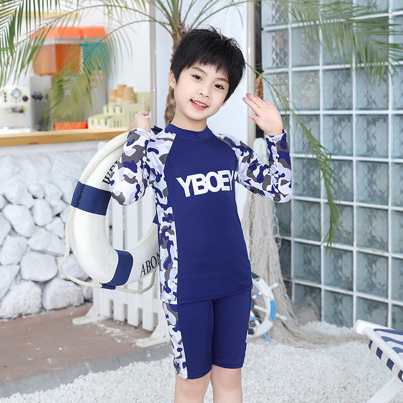 Professional Wholesale New Small And Large Children's Separate Set Children's Swimsuit Camouflage Long Sleeve Quick Dry Boy's Swimsuit details Picture
