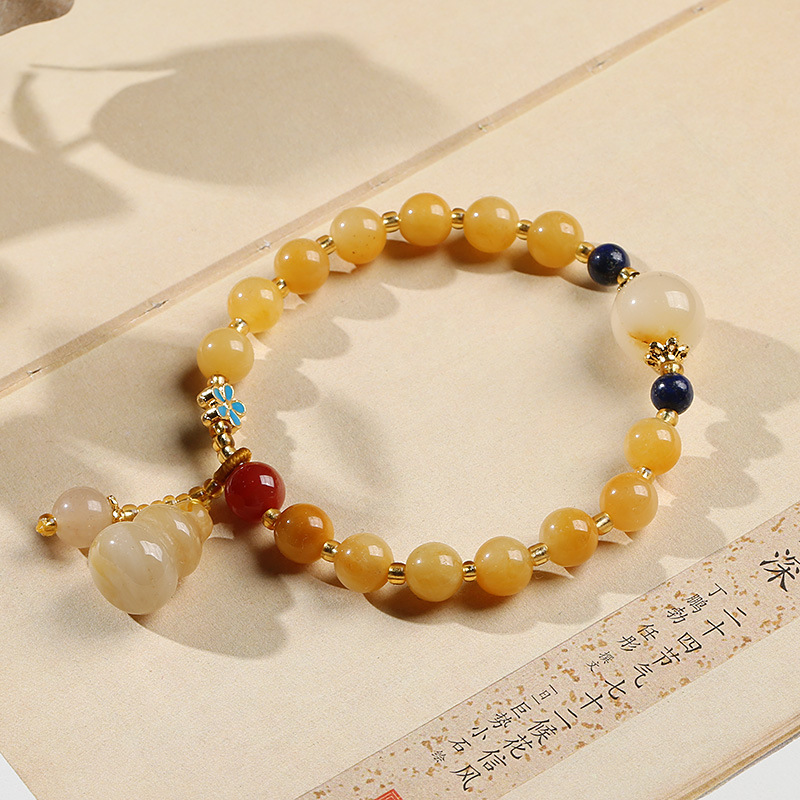 Qiu's Natural Xinjiang Golden Thread Jade Yellow Bracelet, best friend gift, small gourd tassel women's round bead jade bracelet