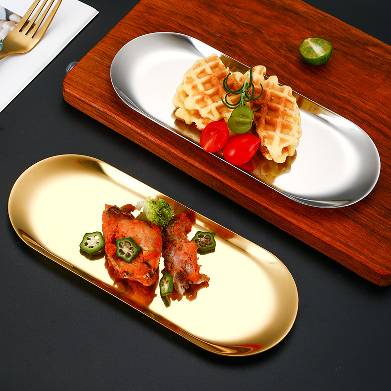 Korean Stainless Steel Barbecue Small Plate Gold Oval Small Tray Restaurant Cuisine Sushi Plate Light Luxury Snack Plate details Picture
