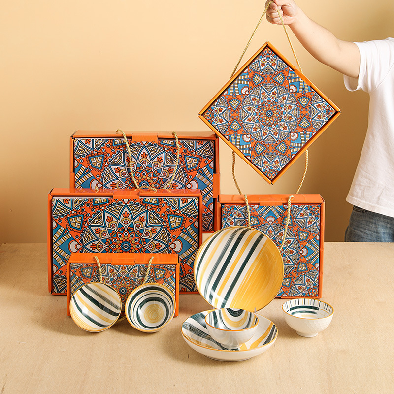 跨境波西米亚风陶瓷餐具套装碗筷套装保险公司伴手礼开业礼品LOGO图