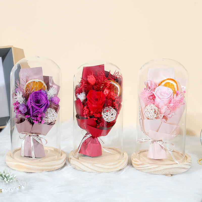 Eternal life flower glass cover ornaments to send girlfriend 520 Valentine's Day gift rose glass cover ornaments wholesale details Picture