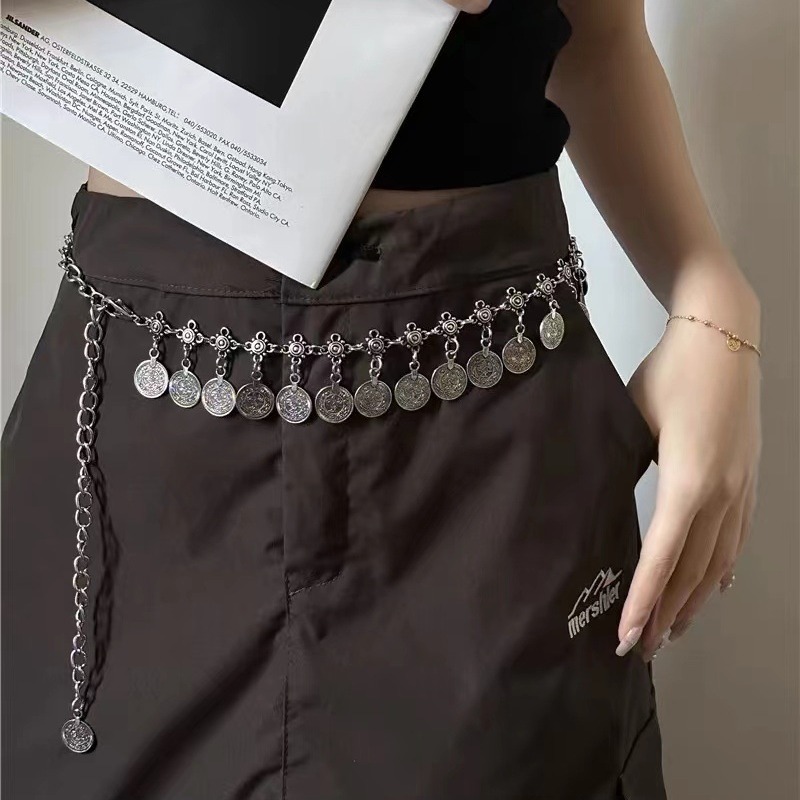 Y2K design sense metallic silver waist chain, a versatile and high-end accessory for women on Instagram, ethnic style dress, slimming belt details Picture