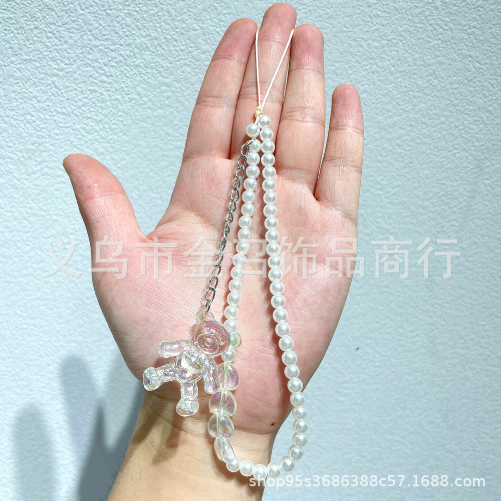 2023 Little Bear Mobile Phone Chain, Heart-shaped Bow, beaded Mobile Phone Pendant, Cartoon Dessert, Pearl Mobile Phone Lanyard Chain Specification image