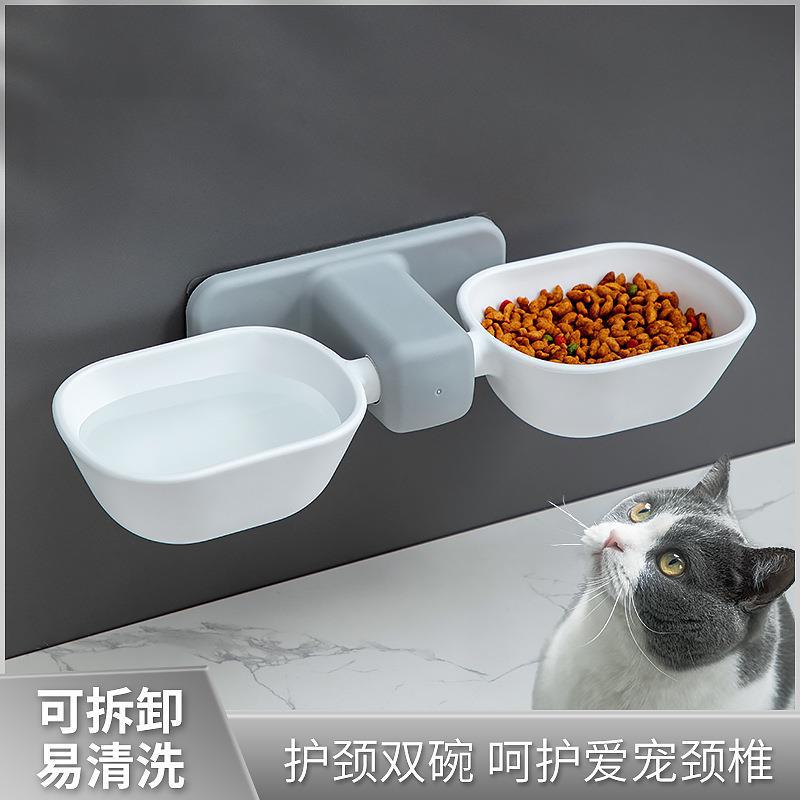 免打孔猫碗一体双碗保护颈椎挂式水碗食盆宠物猫咪自动喂水器批发