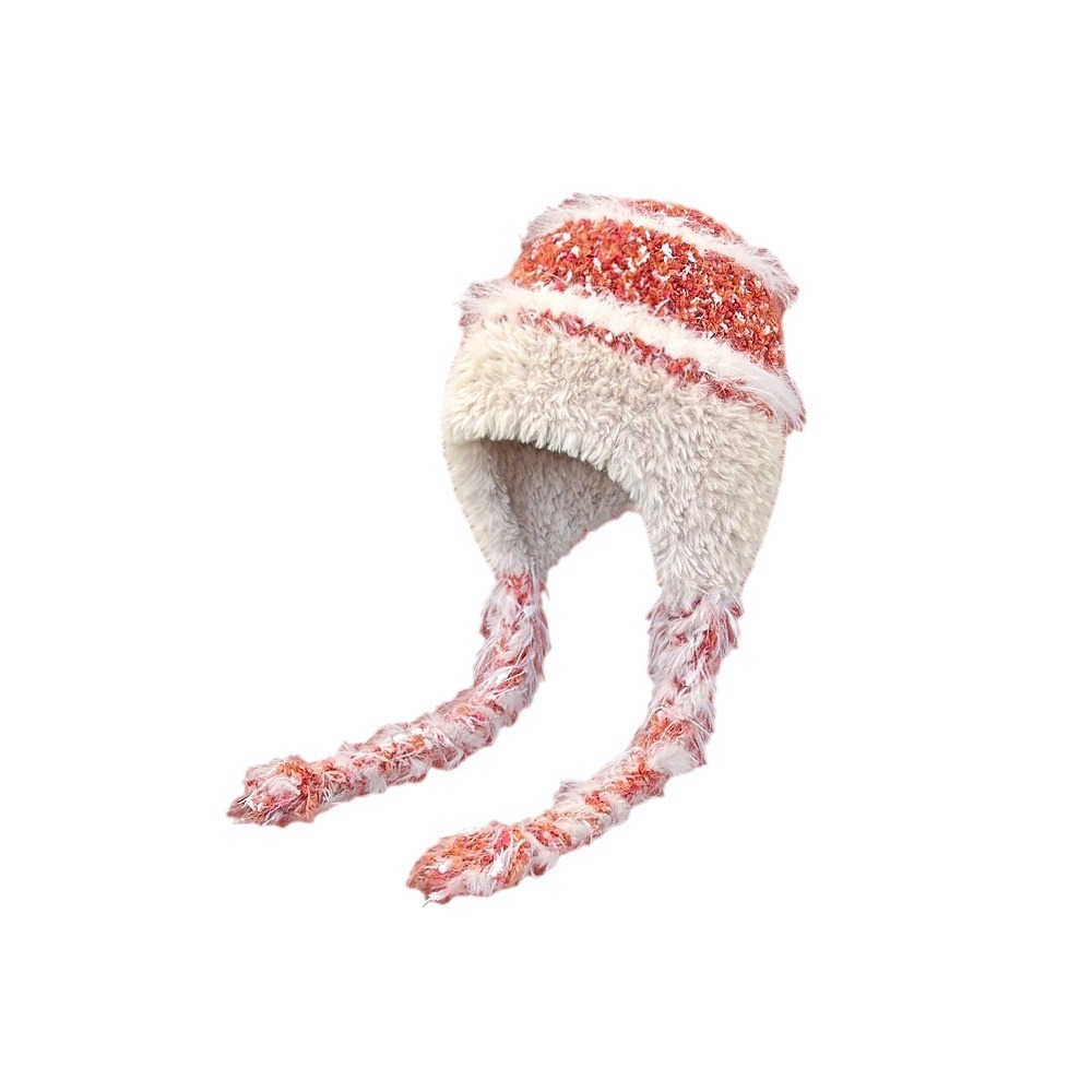 Striped Knitted Splicing Ethnic Style Woolen Hat Women's Autumn And Winter Thick Warm Ear Protection Hat Sleeve Color Contrast Face Small Item Picture