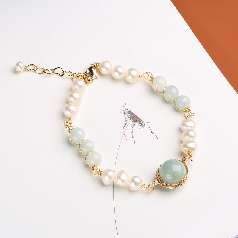 Natural freshwater pearl hand-wound jade A-grade bracelet, 14k gold-plated retro style bracelet, A gift for your best friend details Picture