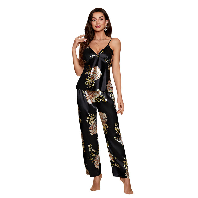 Silk texture women's home wear and pajamas, women's short sleeves and long pants set, home wear for women, loose and comfortable style, fashionable and casual home wear, spring and summer new style, European and American style simple halter set, export for foreign trade Item Picture