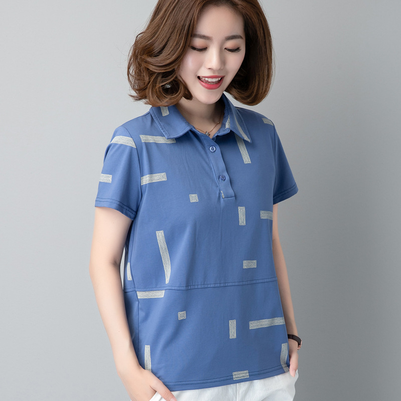 Mom's summer short-sleeved T-shirt for women, 2021 new style, fashionable and stylish for middle-aged and elderly women's wear, pure cotton top with polo collar