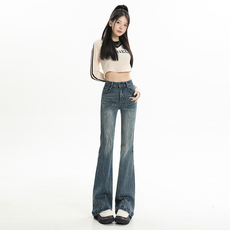 Retro distressed slightly flared jeans for women, new American high-waisted, slimming and form-fitting hoof-shaped pants for spring 2025 details Picture
