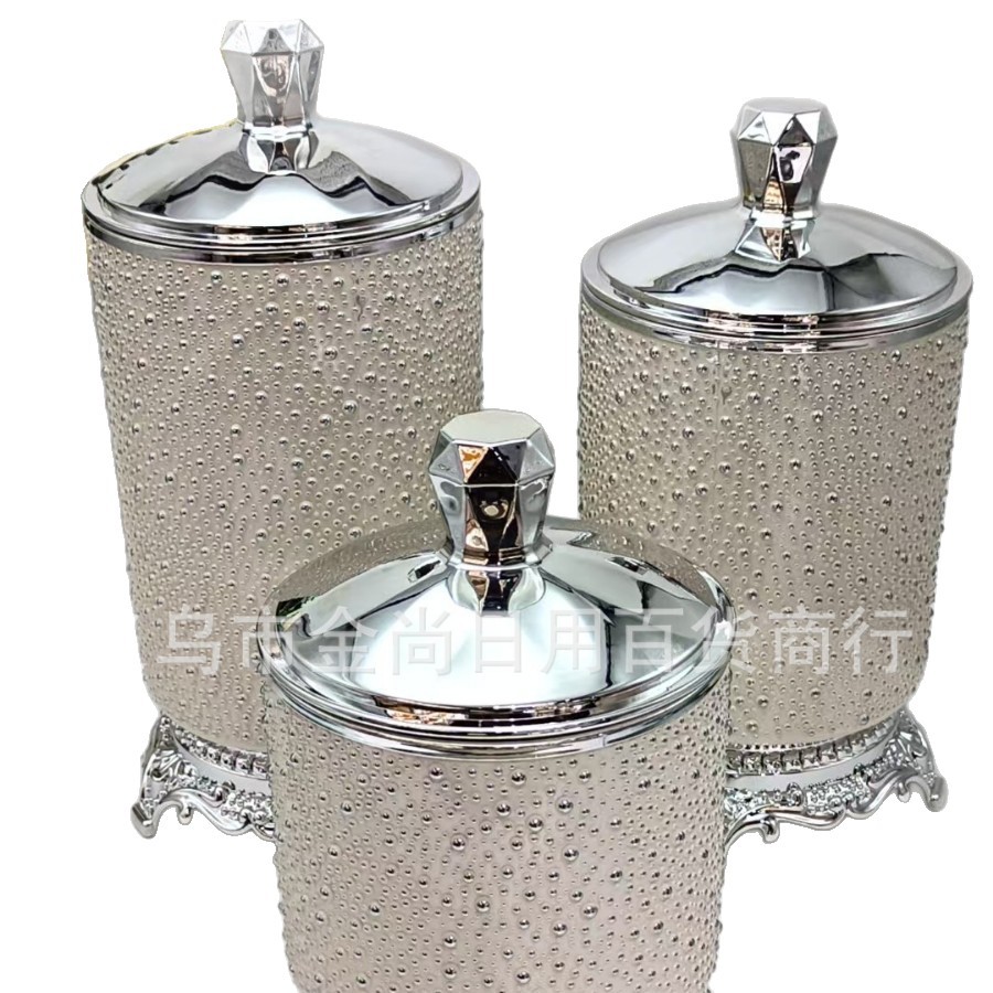 Plastic brick and stone lid rice bead round solid color transparent storage jar, tea jar, high-end feel, nut and candy jar with color box Item Picture