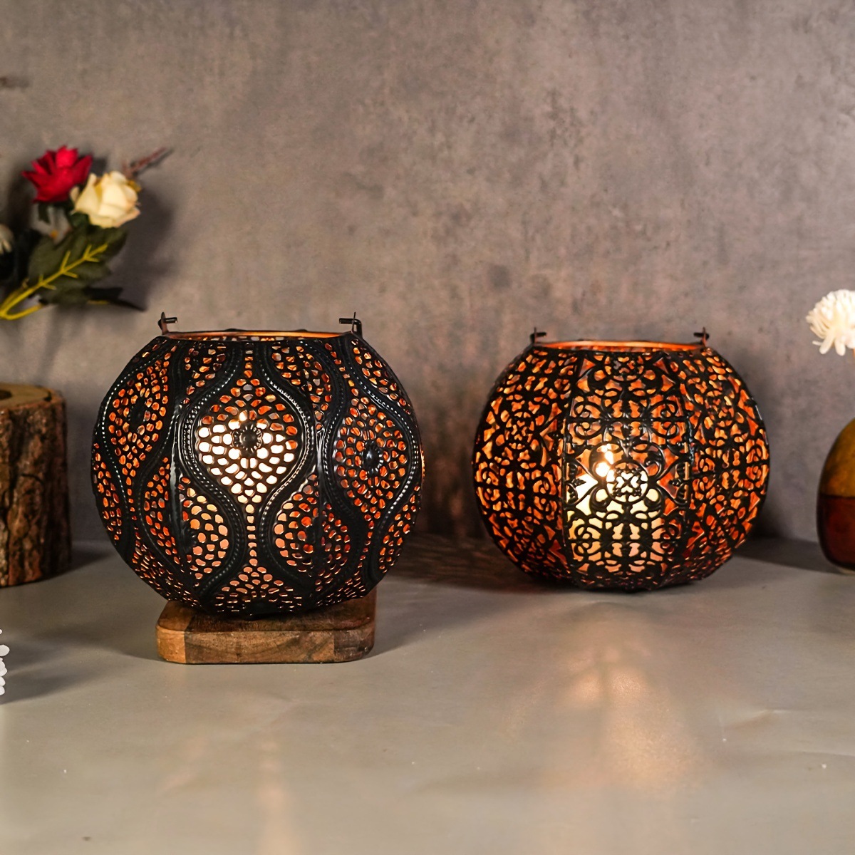 Cross-border new Halloween hollowed-out iron pumpkin lanterns, candlesticks, scene atmosphere decoration, home ornaments and decorations Application Scenario