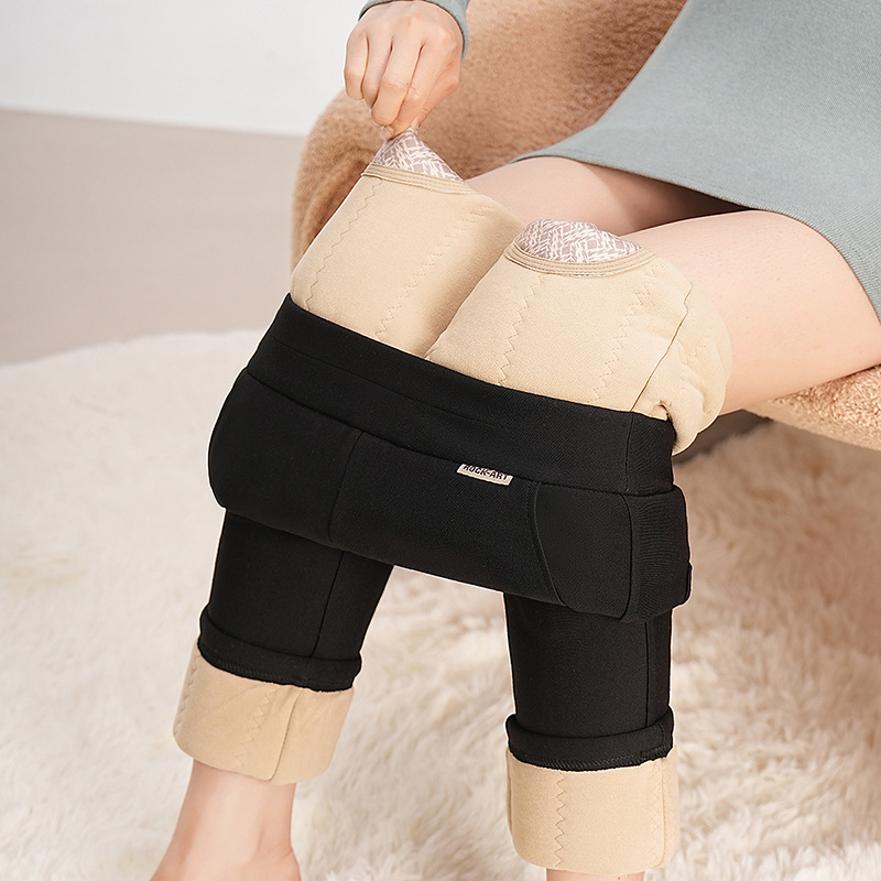 保暖棉裤女冬季高弹护腰绗缝打底裤黑色修身加绒加厚护膝保暖裤女图