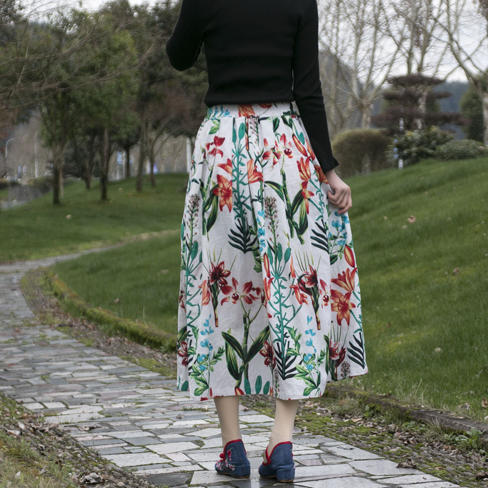 Real 2024 Spring/Summer New Ethnic Style Printed Cotton Linen Skirt In The Long Pleated Skirt With Lining Pockets details Picture